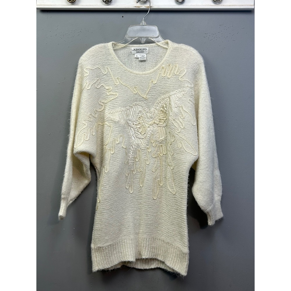 Adolfo Sweater Womens Small Ivory Vintage Batwing Faux Pearl Embroidered 80's